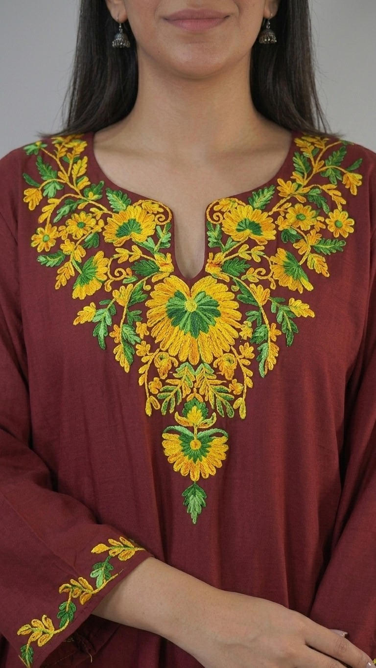 Haya maroon Kashmiri embroidery neckline close-up by KOSHUR KOOR