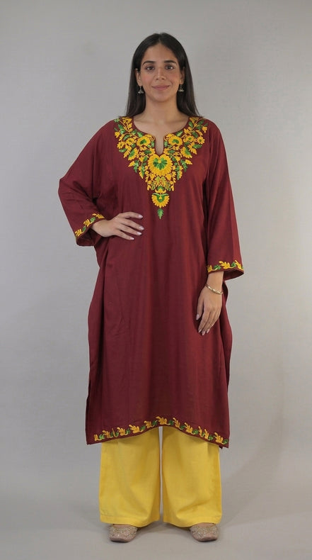 Haya maroon Kashmiri kaftan kurta front view by KOSHUR KOOR