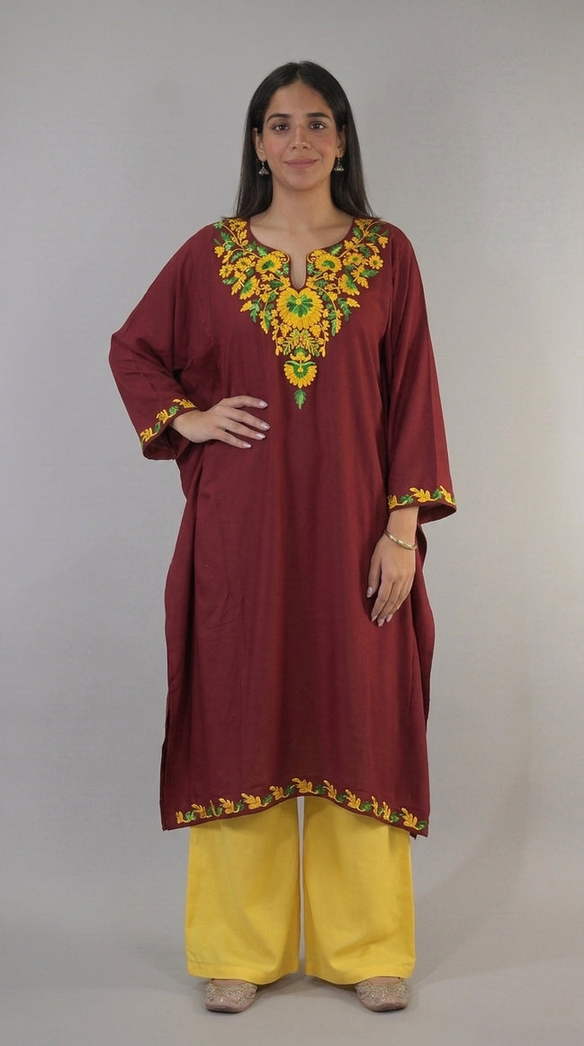 Haya maroon Kashmiri kaftan kurta front view by KOSHUR KOOR