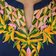 Jheel dark blue Kashmiri embroidery neckline close-up by KOSHUR KOOR