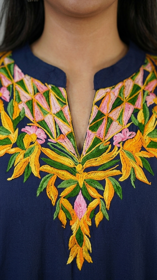Jheel dark blue Kashmiri embroidery neckline close-up by KOSHUR KOOR