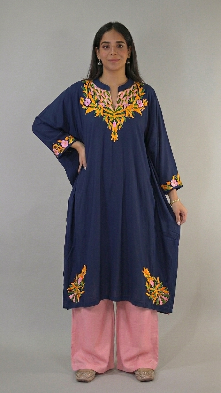 Jheel dark blue Kashmiri kaftan kurta front view by KOSHUR KOOR