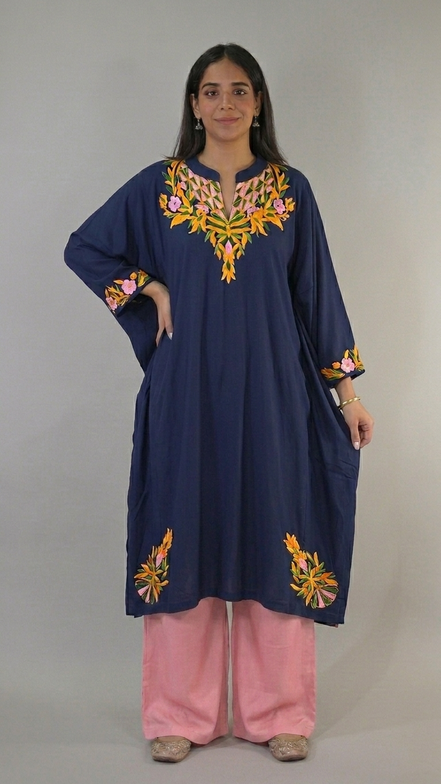 Jheel dark blue Kashmiri kaftan kurta front view by KOSHUR KOOR