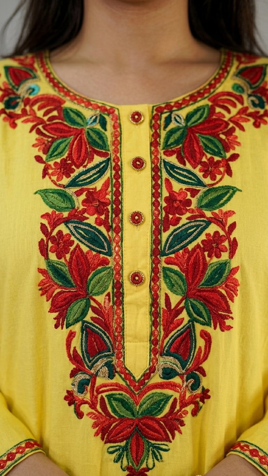 Meher mustard yellow Kashmiri embroidery neckline close-up by KOSHUR KOOR