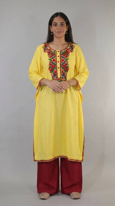Meher mustard yellow Kashmiri kaftan kurta front view by KOSHUR KOOR