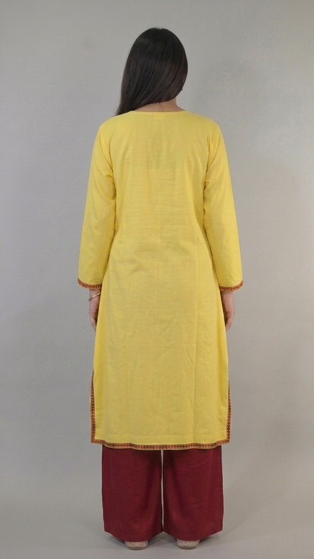 Meher mustard yellow Kashmiri kaftan kurta back view by KOSHUR KOOR