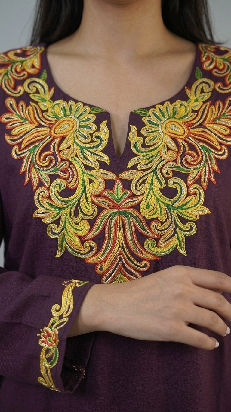 Mira purple Kashmiri embroidery neckline close-up by KOSHUR KOOR