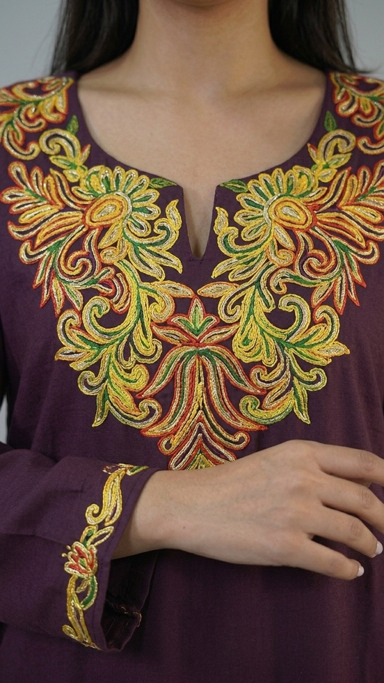 Mira purple Kashmiri embroidery neckline close-up by KOSHUR KOOR