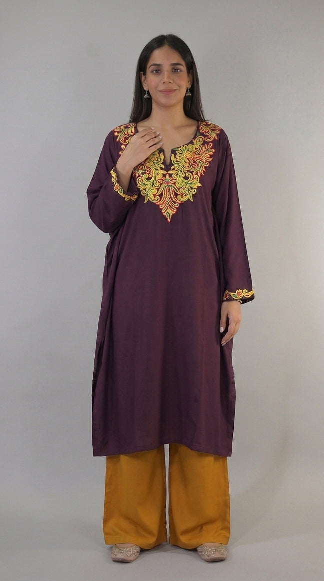 Mira purple Kashmiri kaftan kurta front view by KOSHUR KOOR