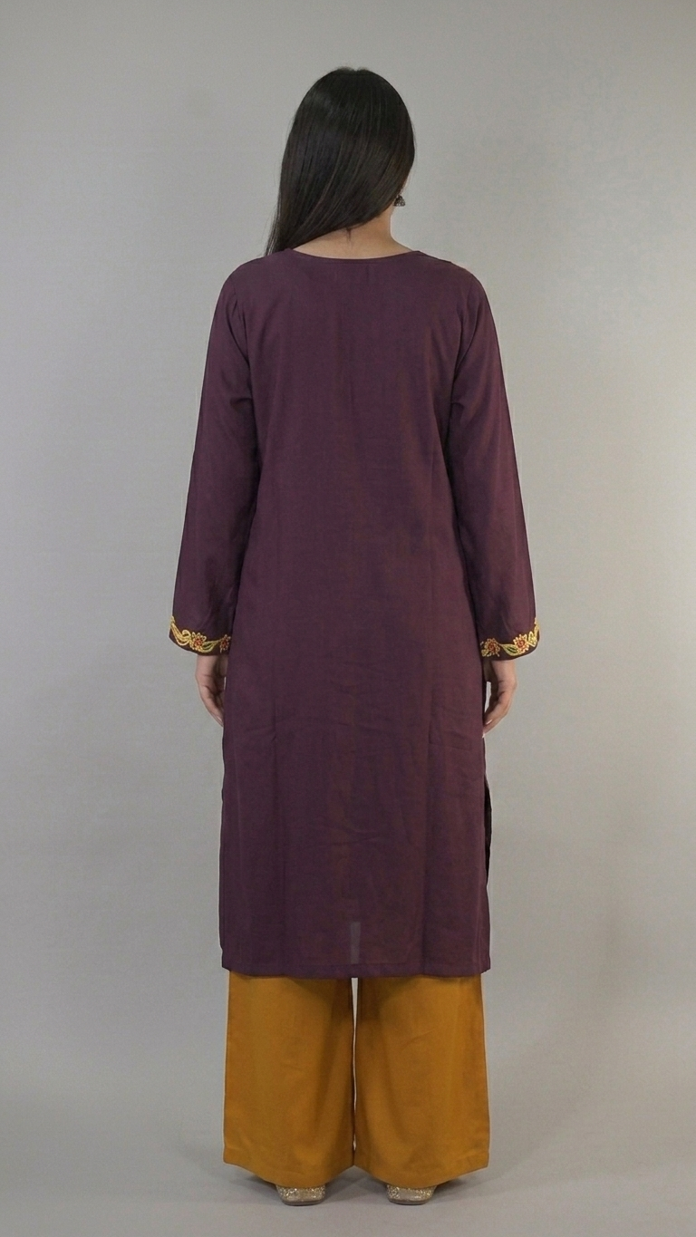 Mira purple Kashmiri kaftan kurta back view by KOSHUR KOOR