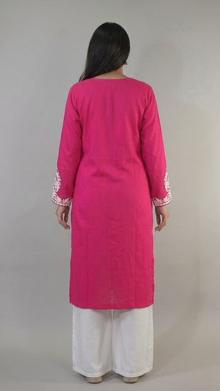 Zoya pink and white Kashmiri kaftan kurta back view by KOSHUR KOOR