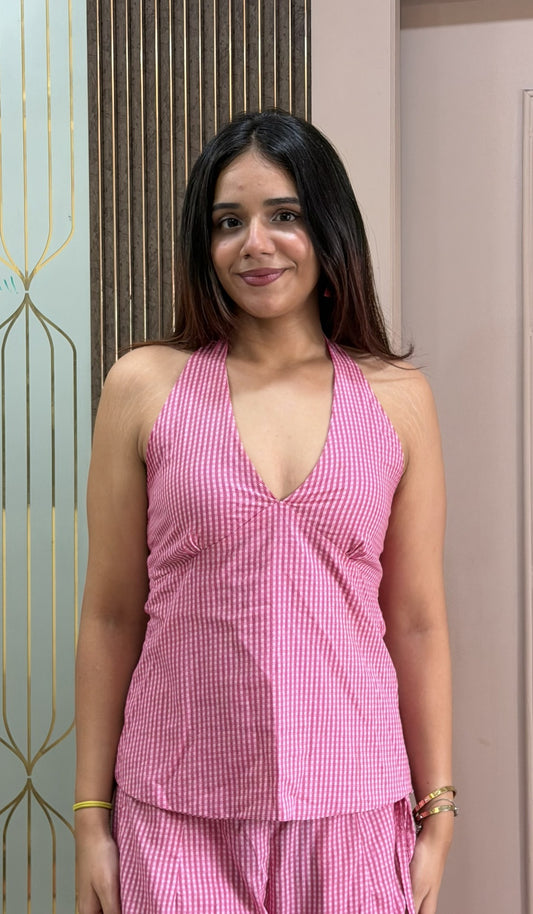 Toshur pink gingham print coord set front view