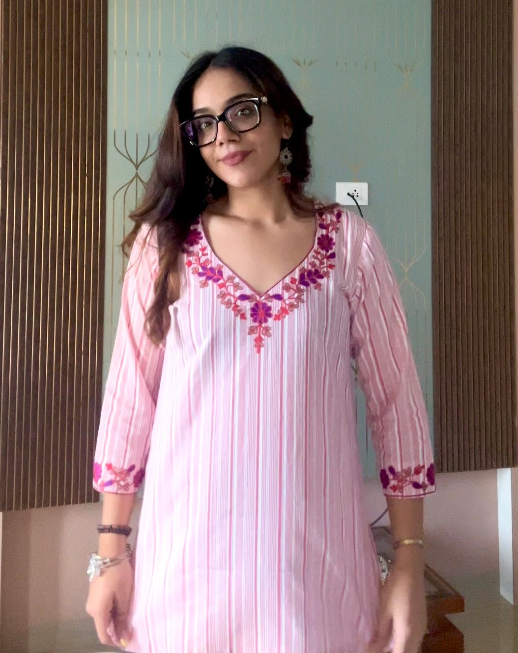 Pure cotton kurti with floral embroidery on neckline & sleeves - Needle Magic