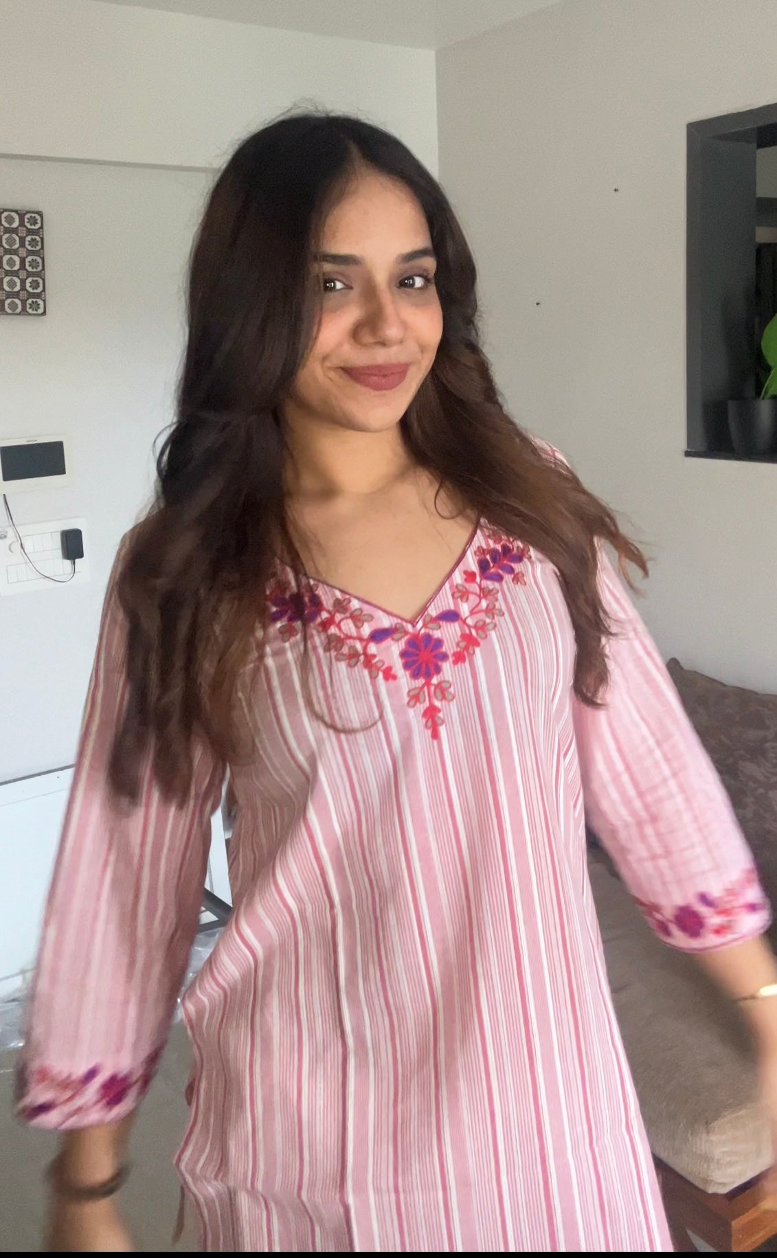 Pure cotton kurti with floral embroidery on neckline & sleeves - Needle Magic