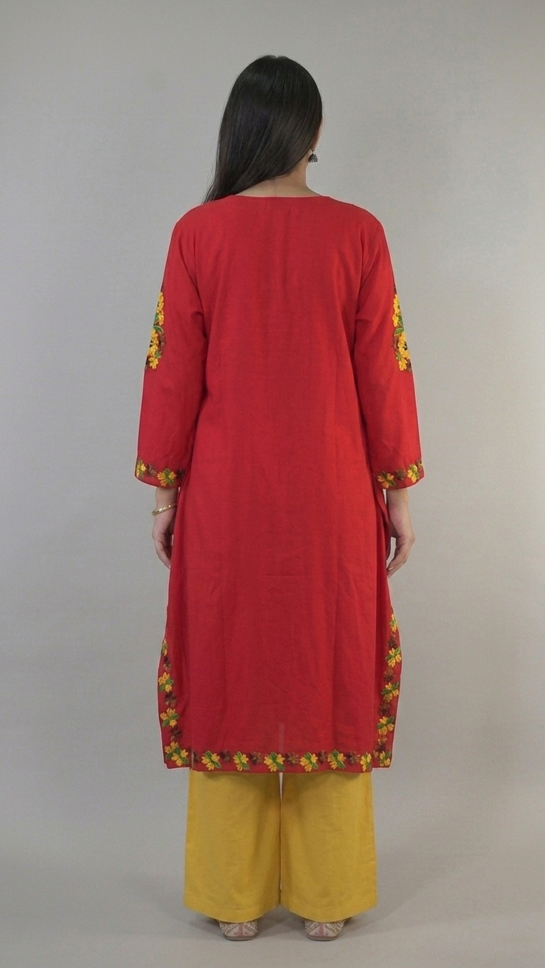 Rubab red Kashmiri kaftan kurta back view by KOSHUR KOOR