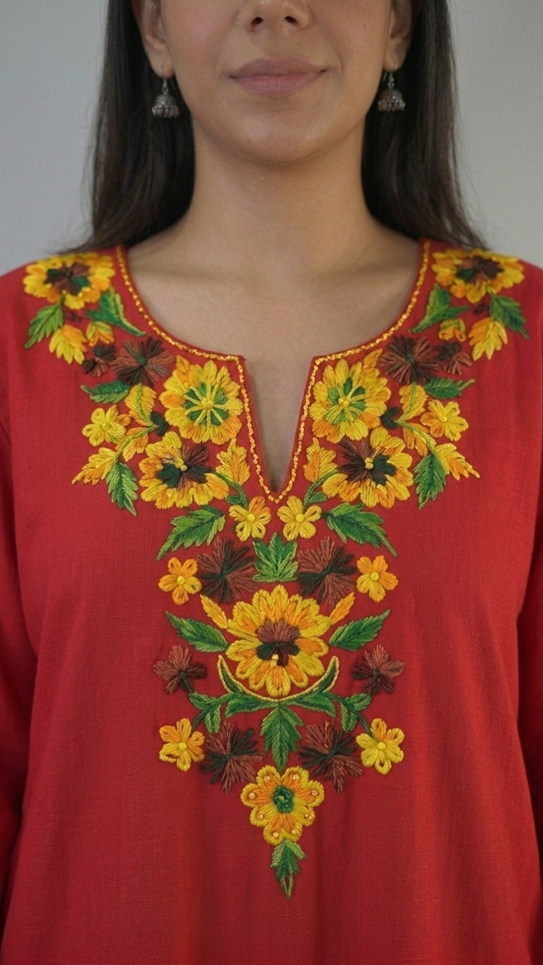 Rubab red Kashmiri embroidery neckline close-up by KOSHUR KOOR