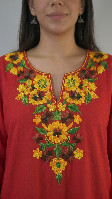 Rubab red Kashmiri embroidery neckline close-up by KOSHUR KOOR
