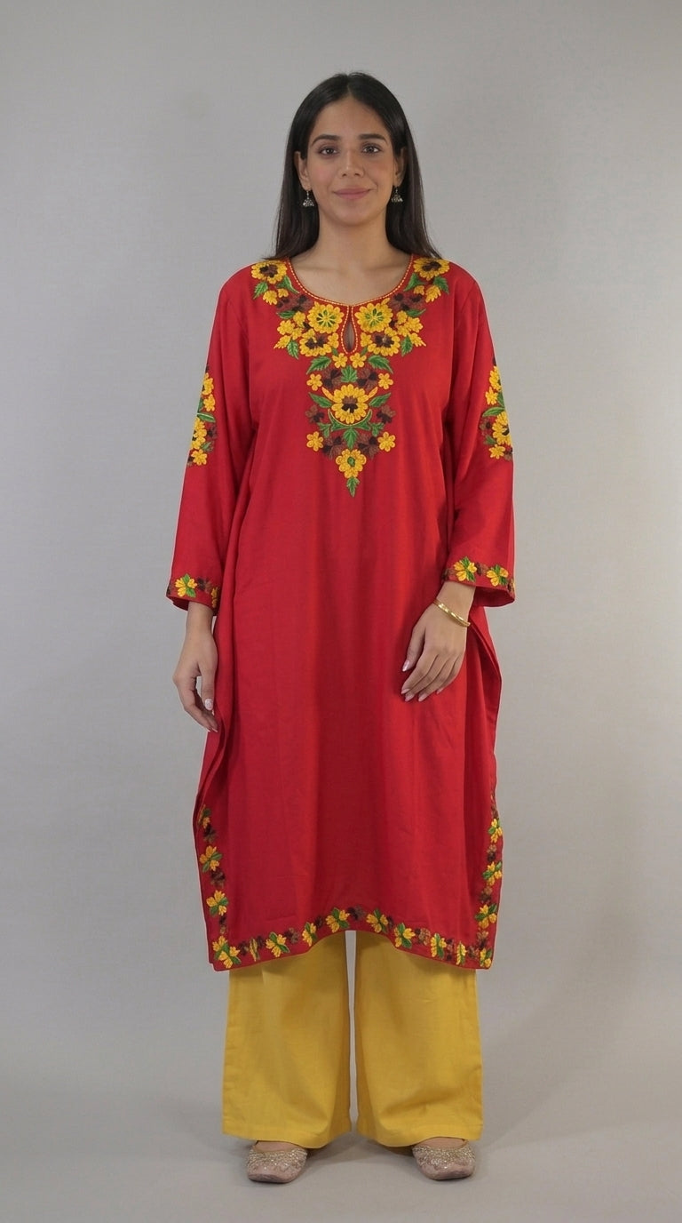 Rubab red Kashmiri kaftan kurta front view by KOSHUR KOOR