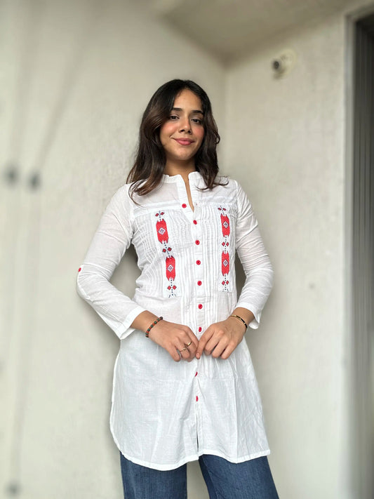 White cotton full sleeves tunic - Needle Magic