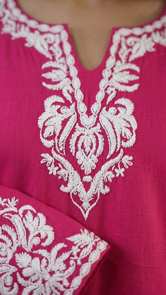 Zoya pink and white Kashmiri embroidery neckline close-up by KOSHUR KOOR
