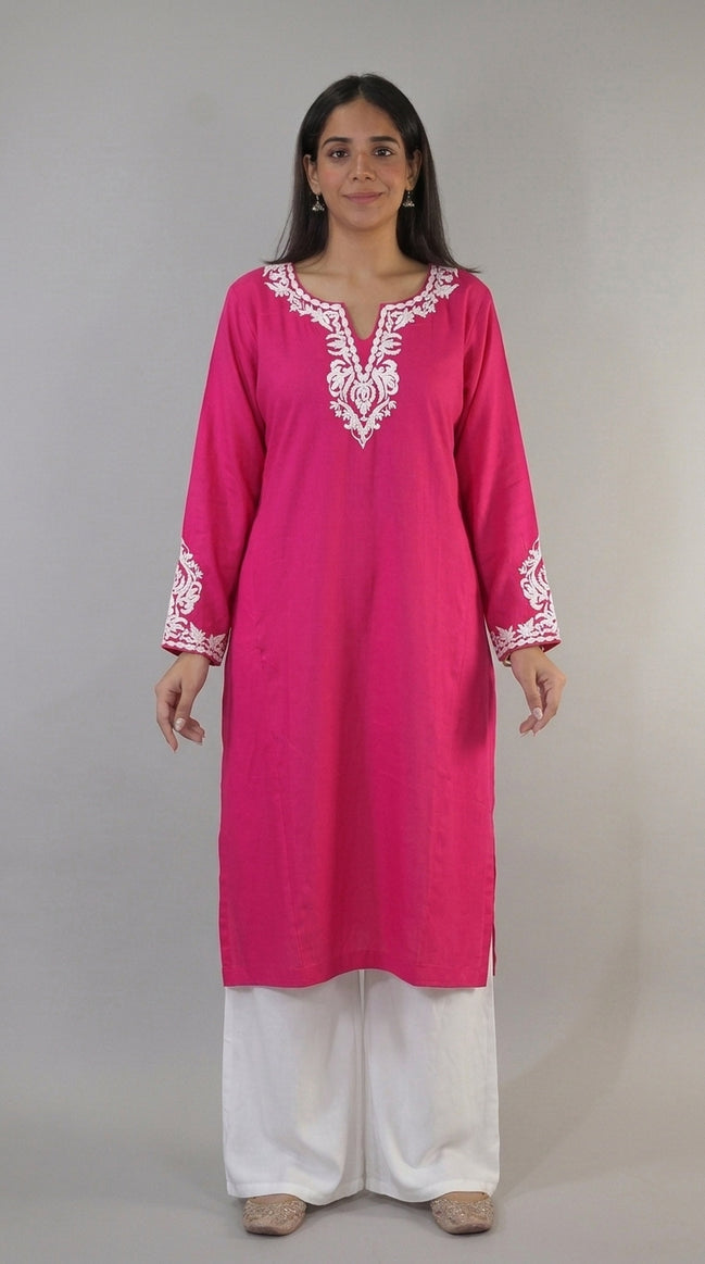 Zoya pink and white Kashmiri kaftan kurta front view by KOSHUR KOOR